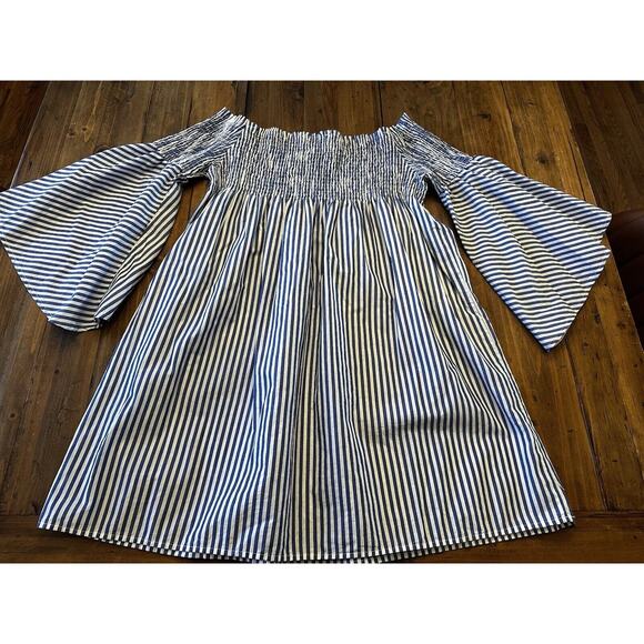 Zara Off the Shoulder Blue White Stripe Smocked Top Bell Sleeve Size Small - Picture 2 of 6